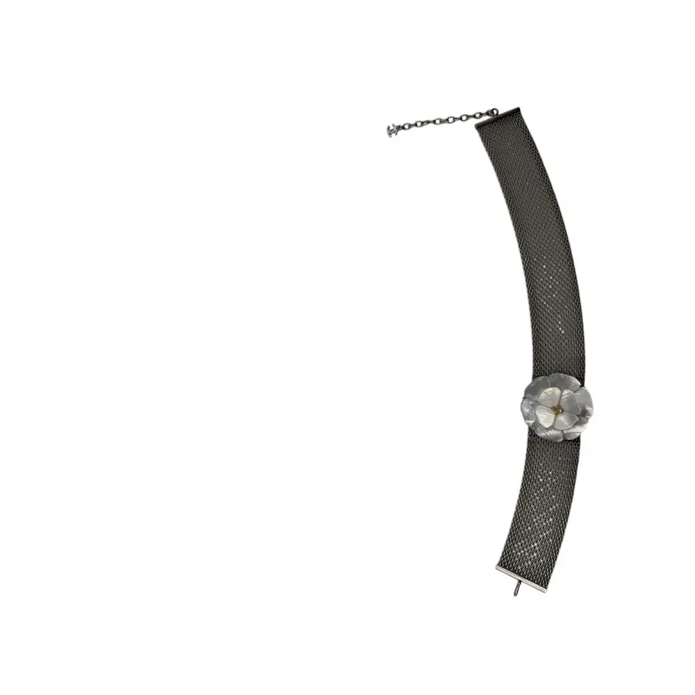 CHANEL Camellia with mesh silver choker collar.